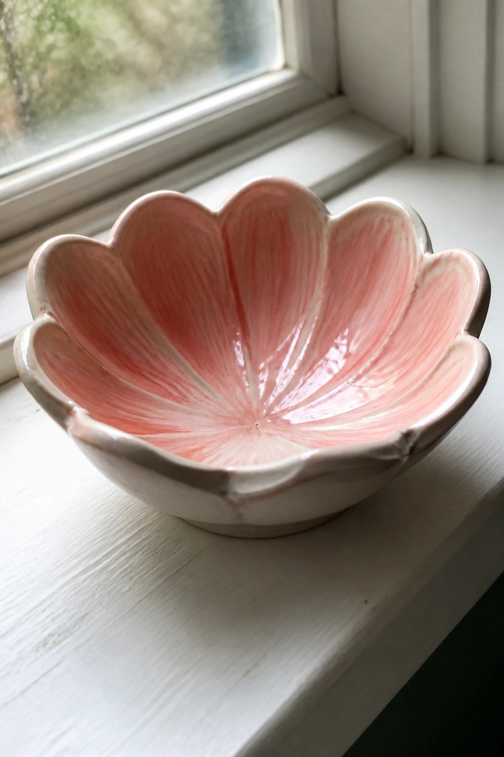 Pink flower-shaped ceramic bowl with glossy glaze on white windowsill