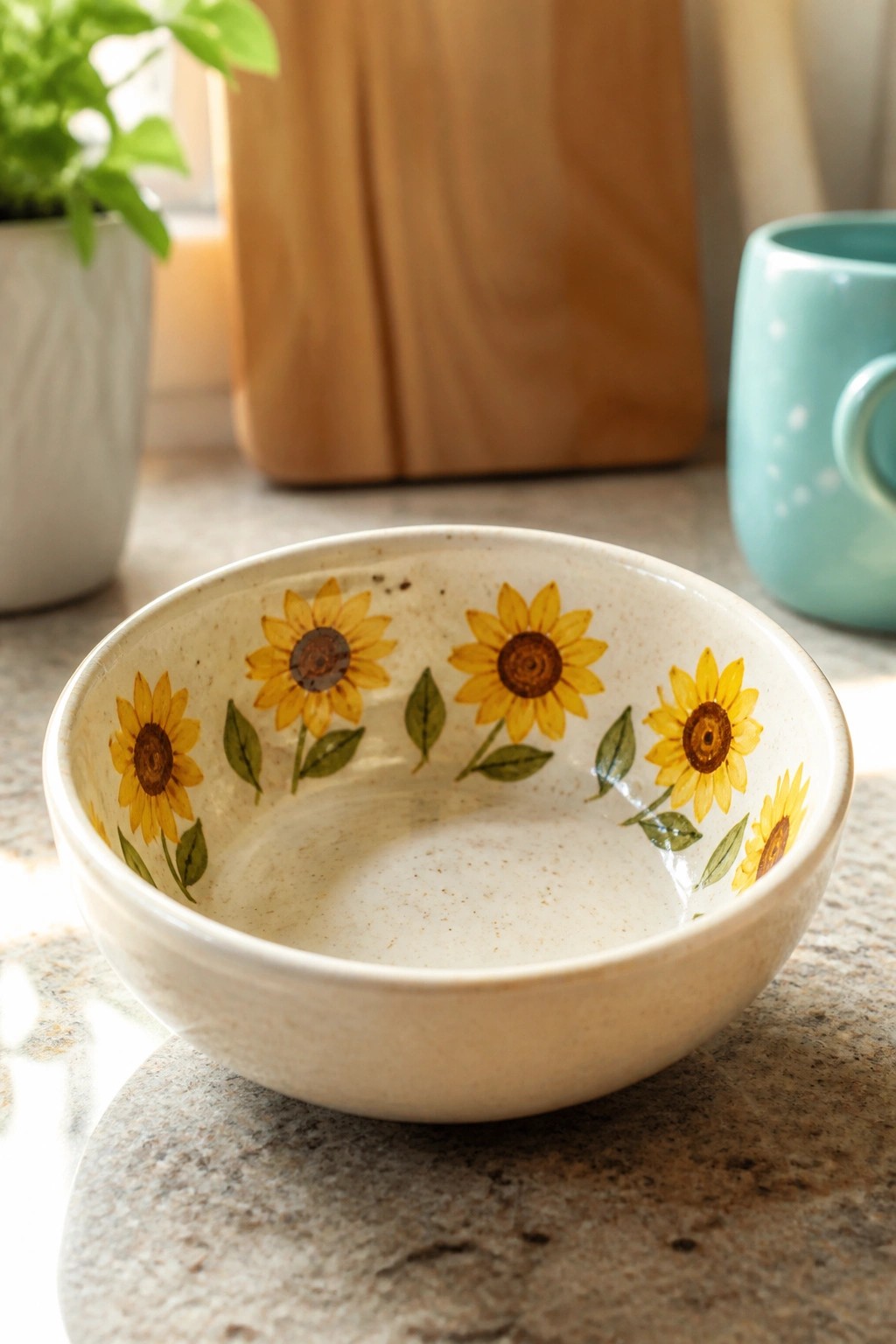 Speckled ceramic bowl with sunflower designs beside turquoise mug on granite countertop.