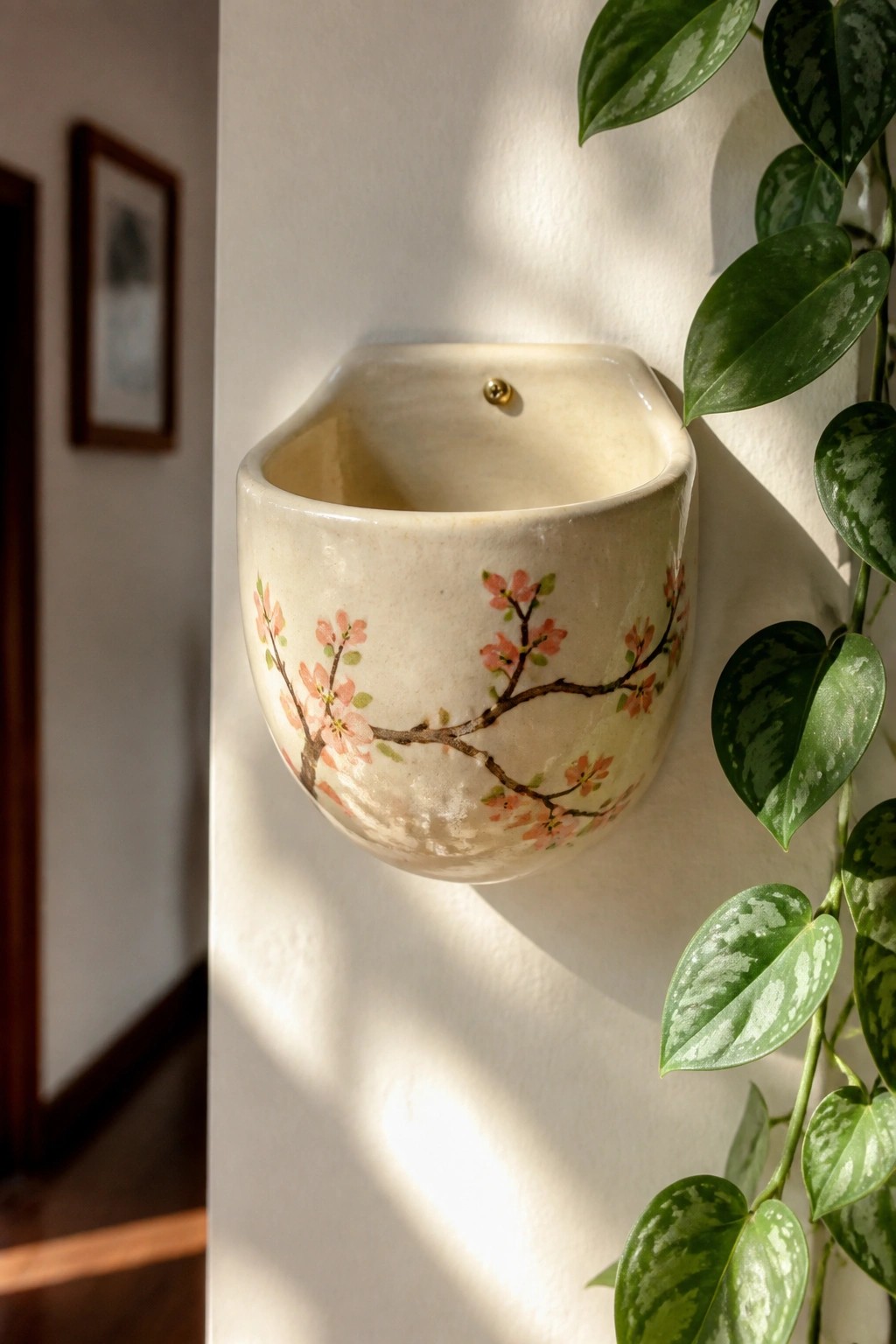 Cream ceramic wall planter with pink cherry blossoms beside green pothos plant.