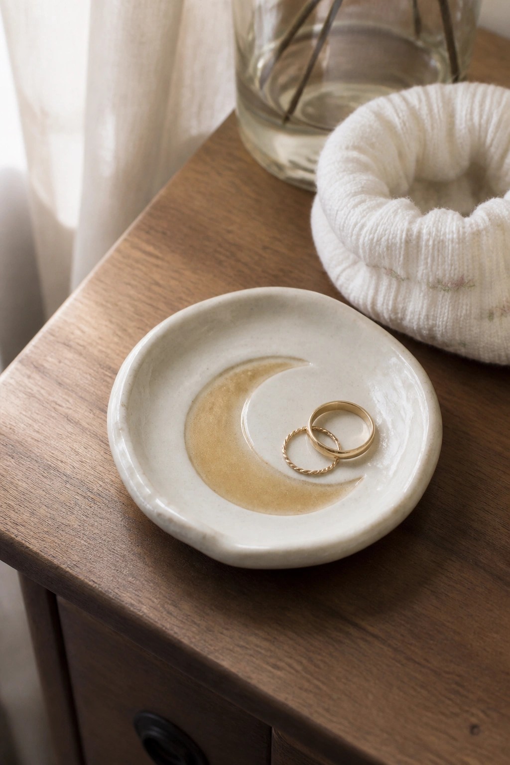 Two gold rings in a white ceramic crescent moon dish on wooden table.