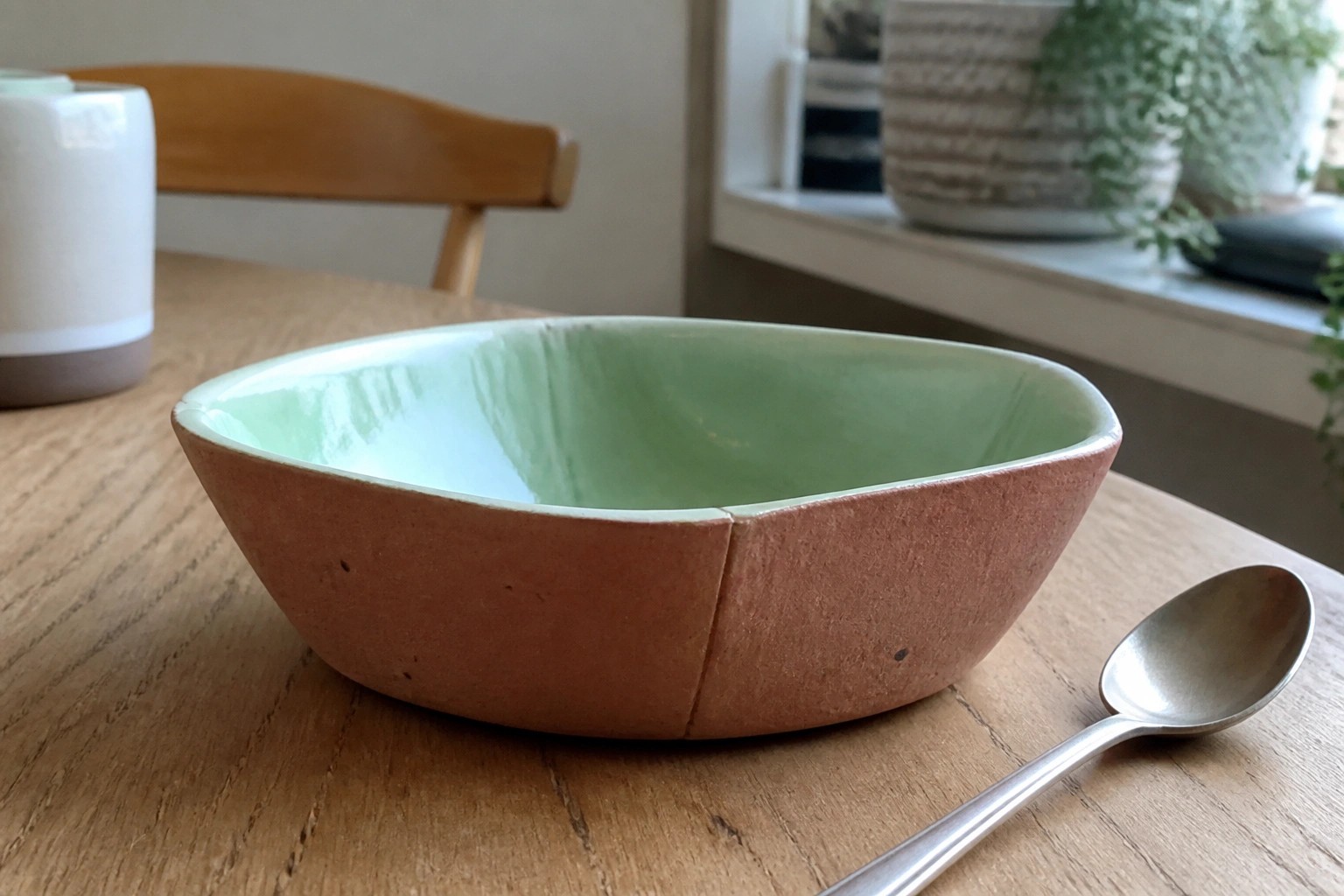Green ceramic bowl on wooden table beside oats box and ceramic mug