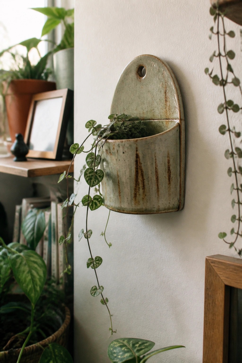 Light green ceramic wall pocket planter with trailing heart-shaped vine plant
