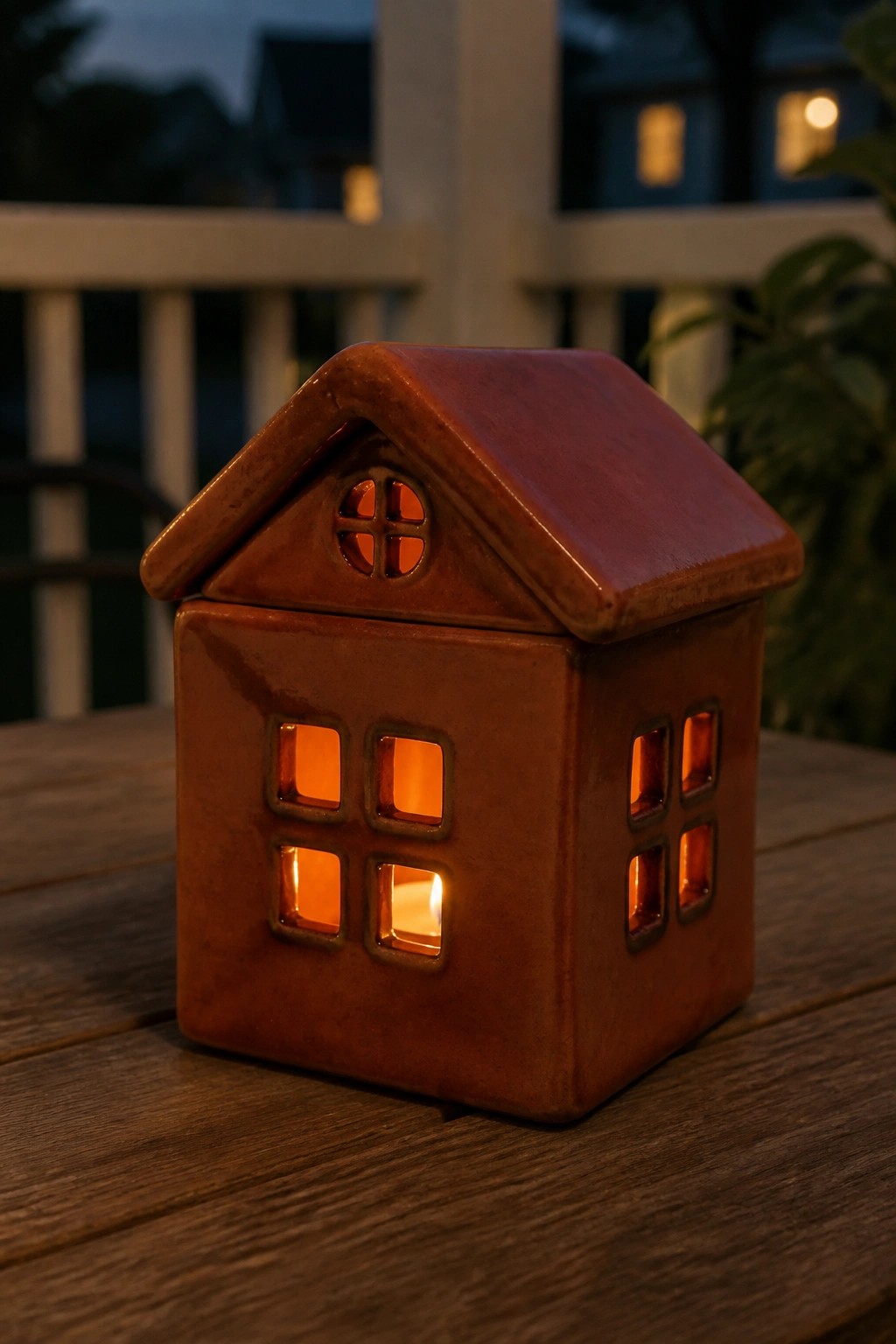 Glowing brown ceramic house lantern with lit windows on wooden table at dusk.