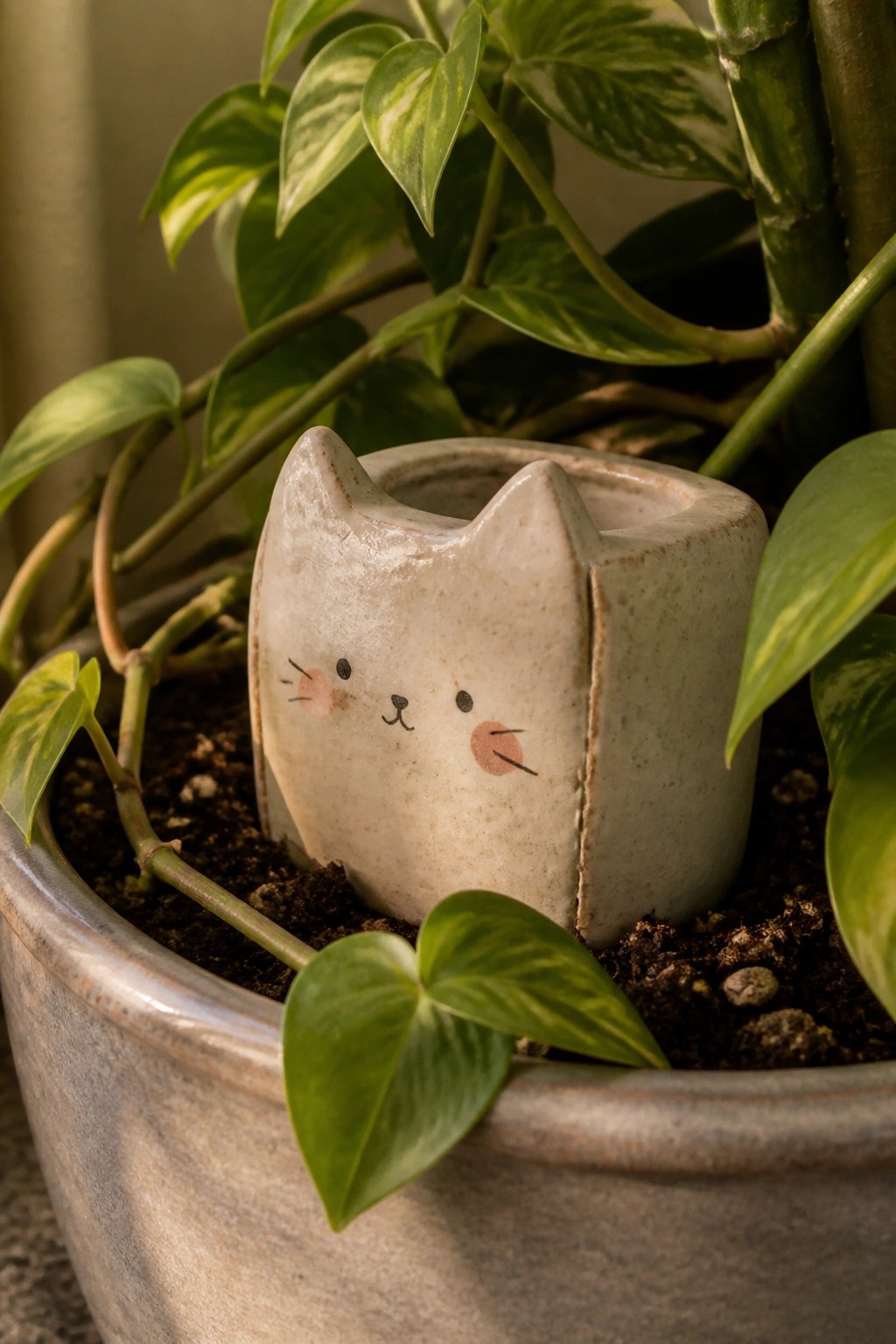 Ceramic cat-faced planter with pink cheeks nestled in green leafy soil.