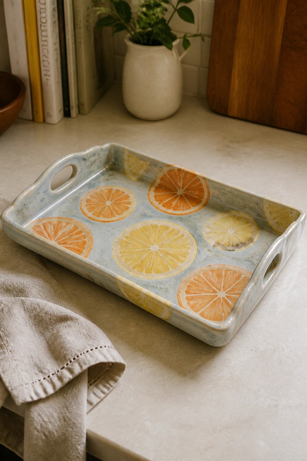 Light blue ceramic tray with citrus slices beside beige linen on countertop