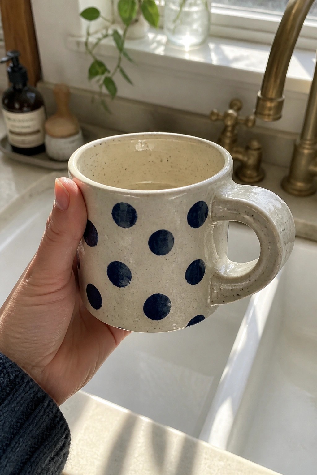 Hand holding speckled white mug with blue polka dots above kitchen sink