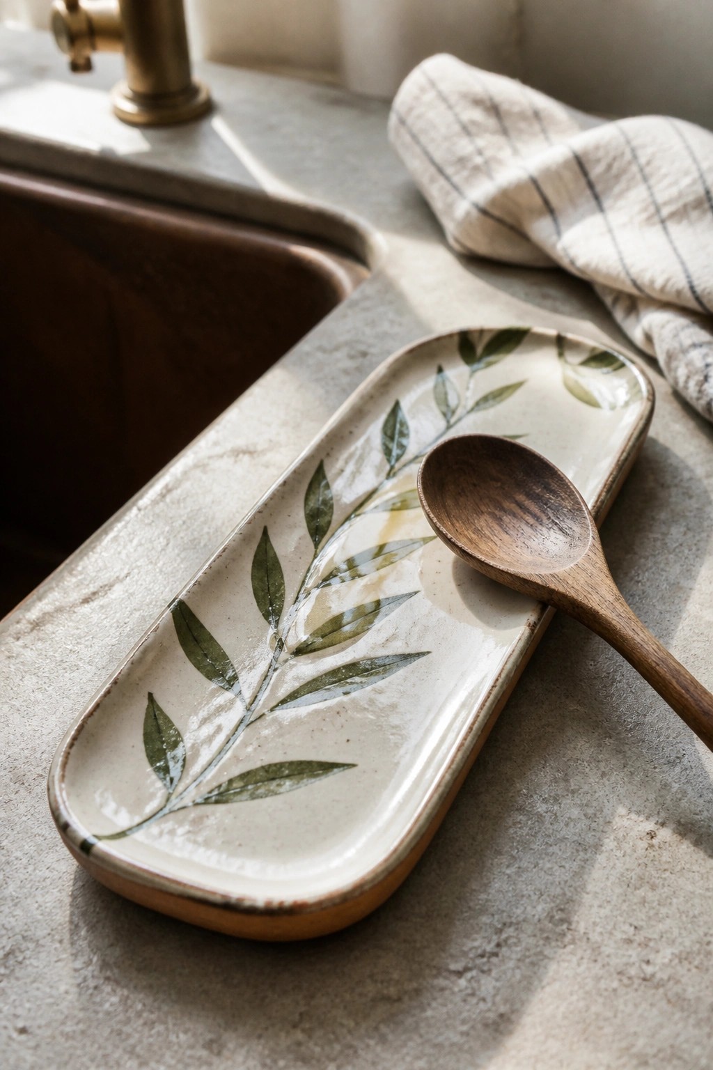 Ceramic tray with green leaf design and wooden spoon on kitchen counter