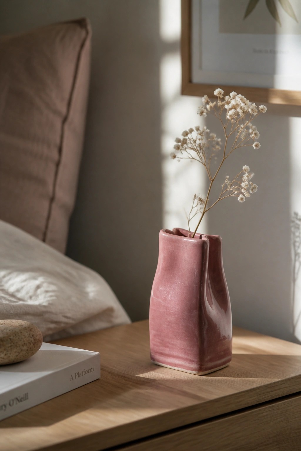Pink ceramic vase with dried flowers on wooden nightstand beside book and stone