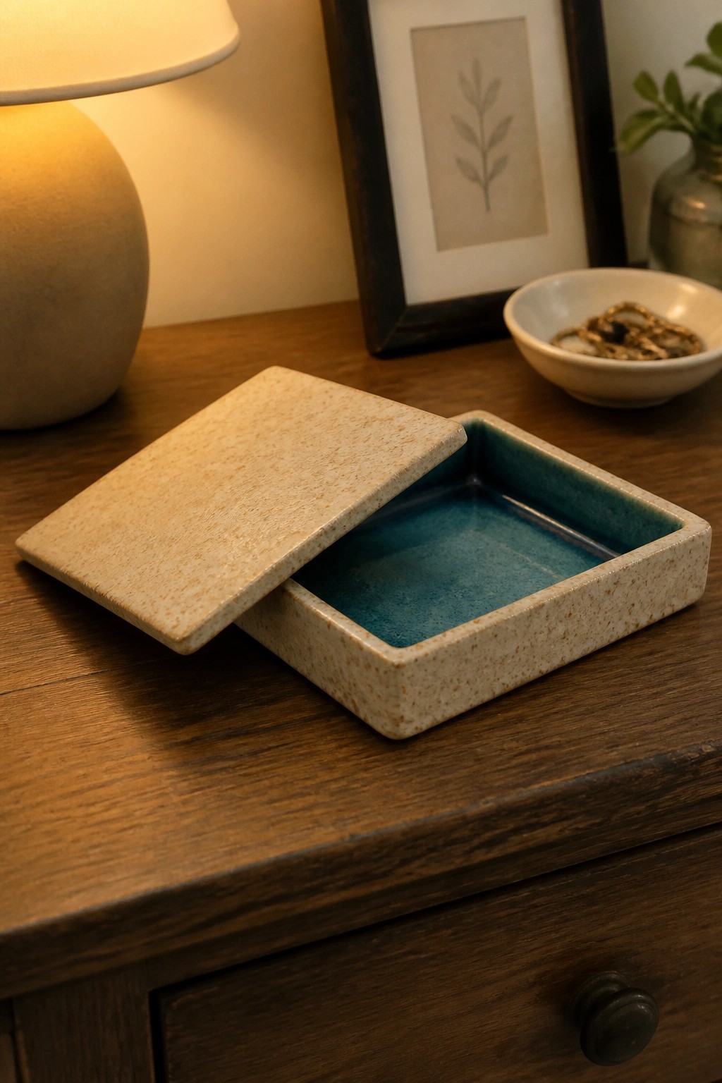 Open speckled ceramic box with teal interior on wooden nightstand beside lamp