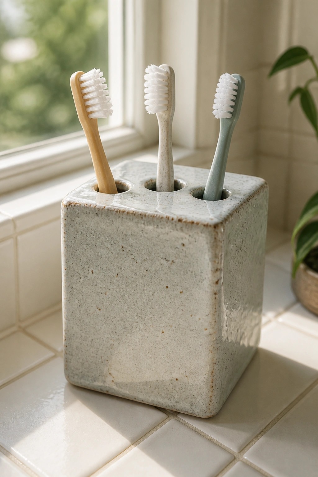 Three toothbrushes in a speckled ceramic holder on a tiled windowsill