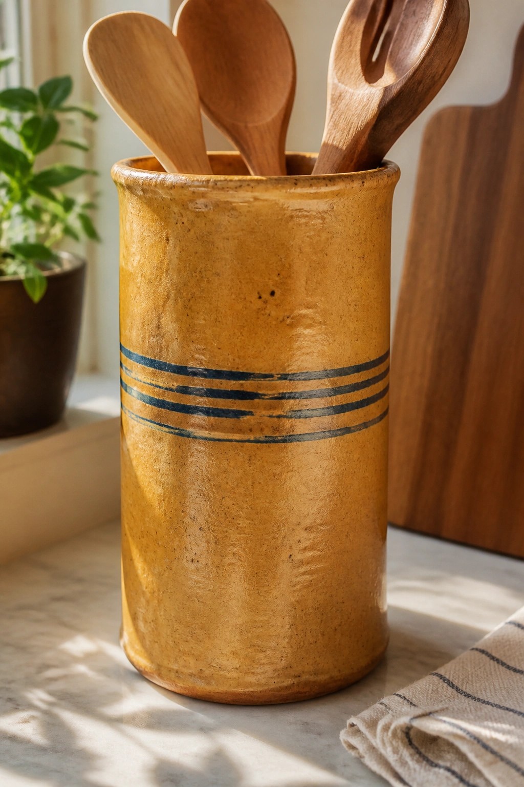 Yellow ceramic crock with blue stripes holding wooden spoons on marble counter.