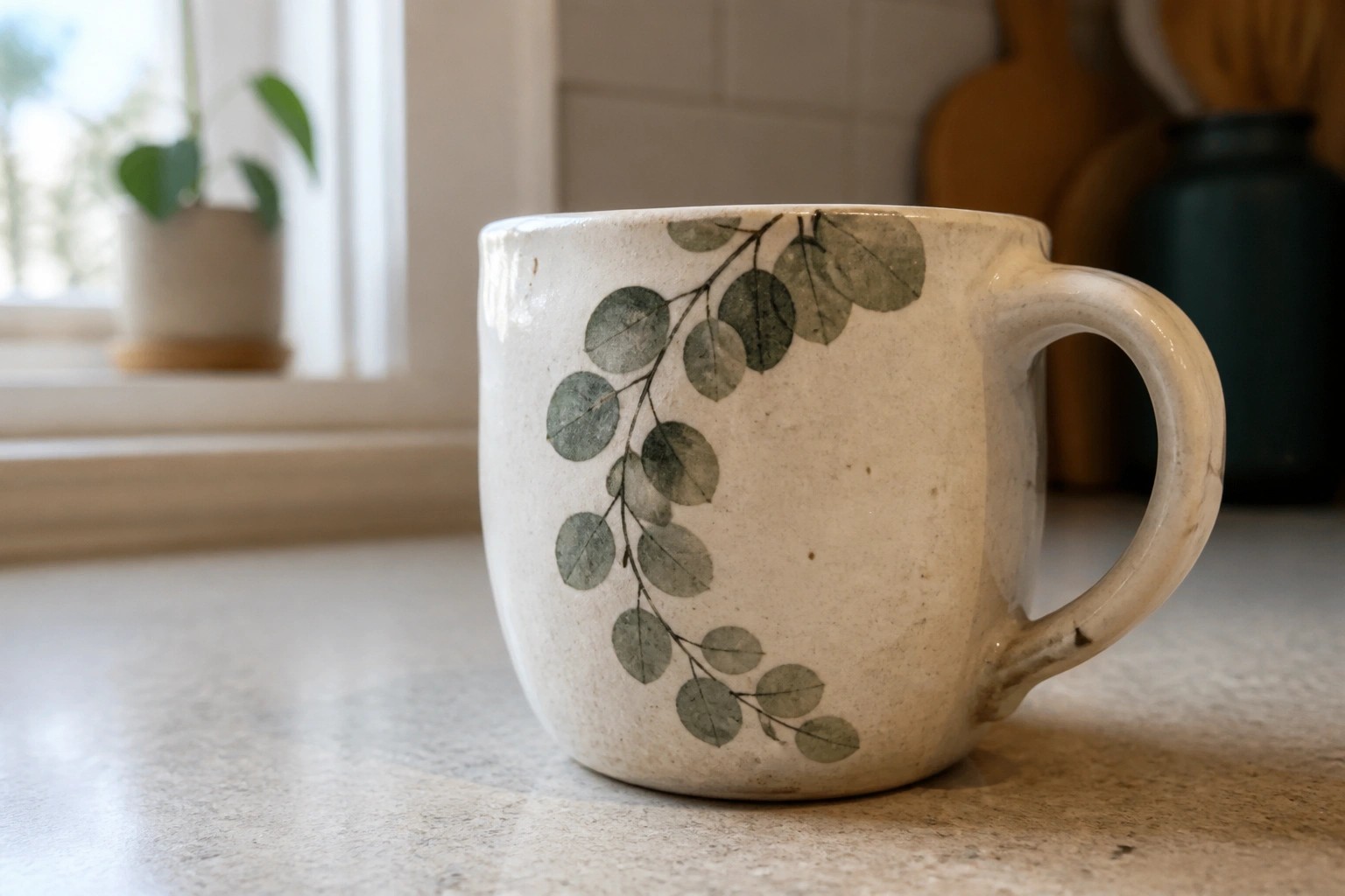 Speckled cream ceramic mug with green leafy branch on marble countertop