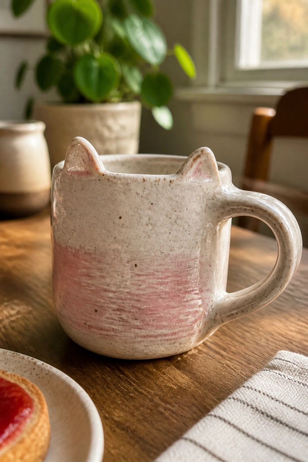 Speckled pink and white cat-shaped ceramic mug on wooden table with pastry.