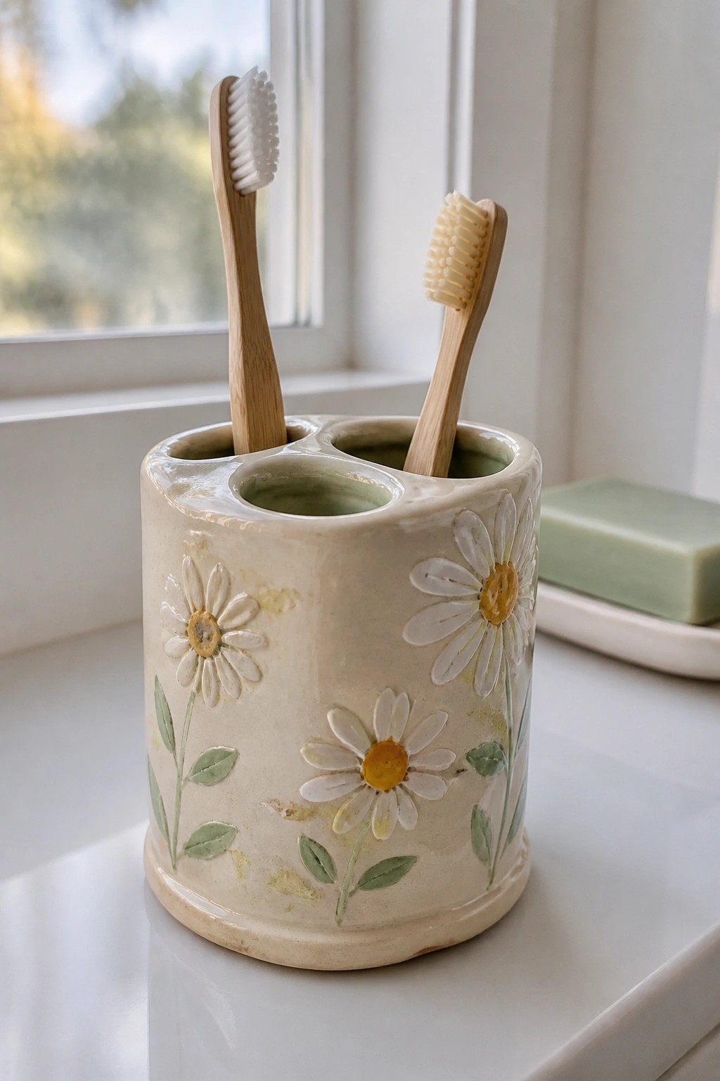 Ceramic daisy holder with two bamboo toothbrushes on a white windowsill