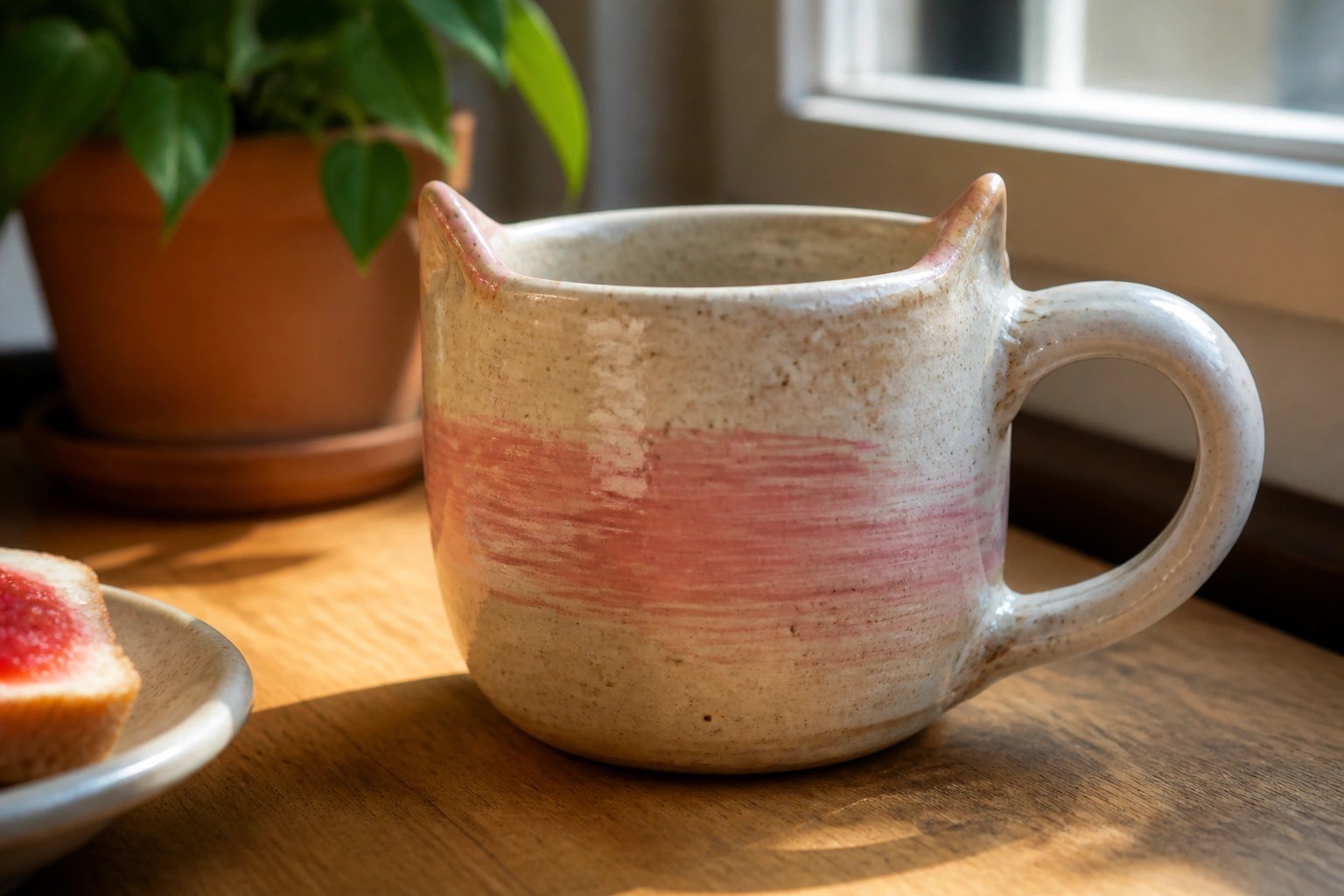 Speckled pink and white cat-shaped ceramic mug on wooden table with pastry.