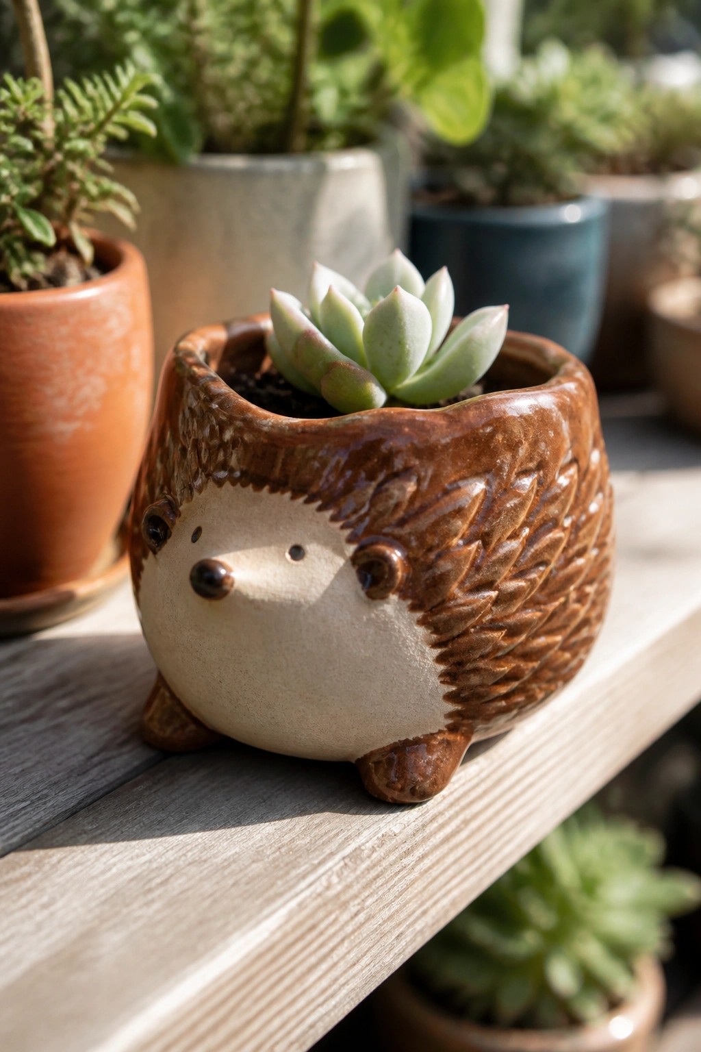 Ceramic hedgehog-shaped planter with succulent on wooden shelf among other pots