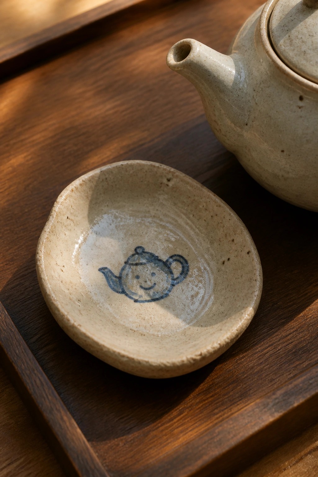 Small speckled ceramic bowl with blue smiling teapot design on wooden tray beside teapot