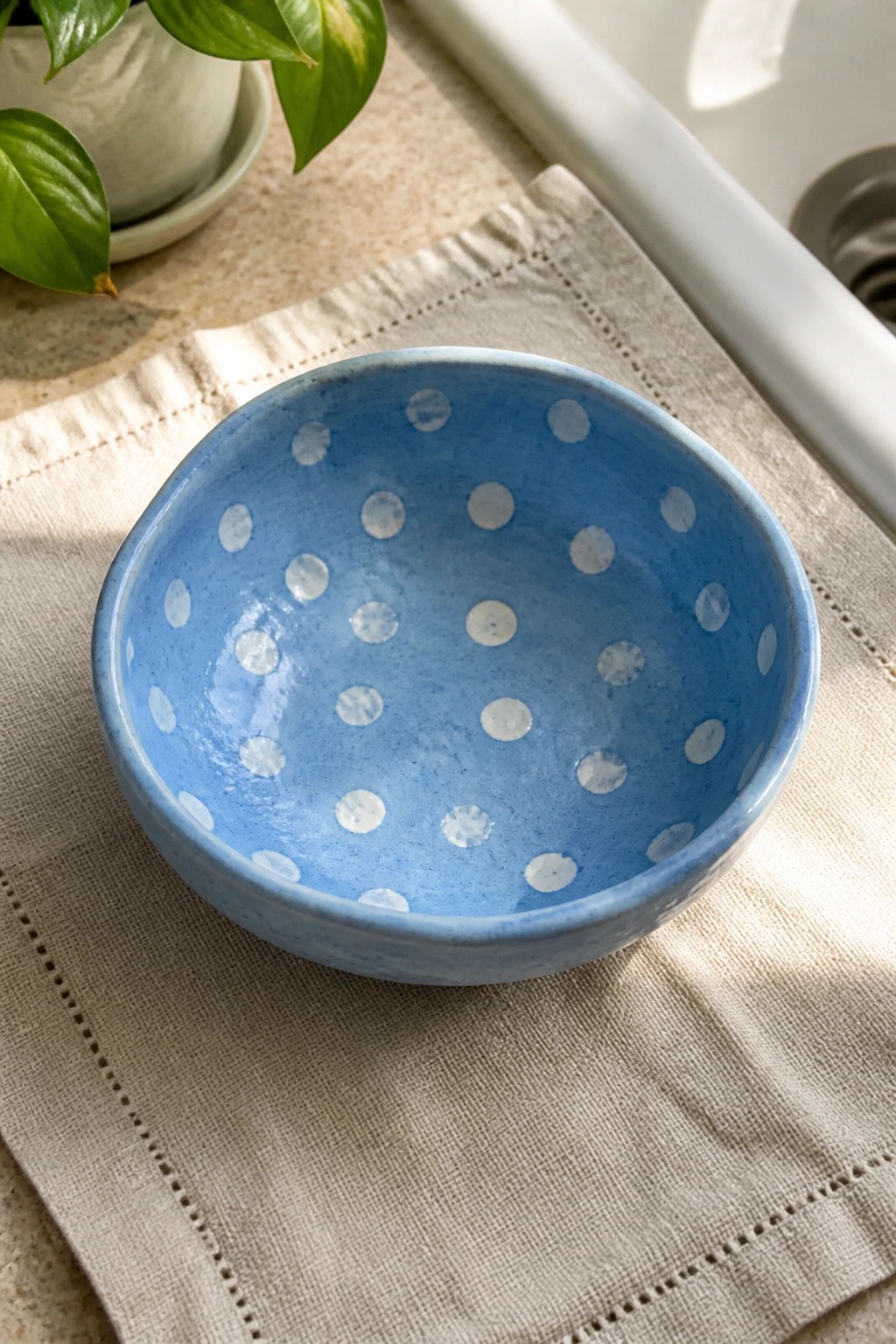 Blue ceramic bowl with white polka dots on beige linen napkin