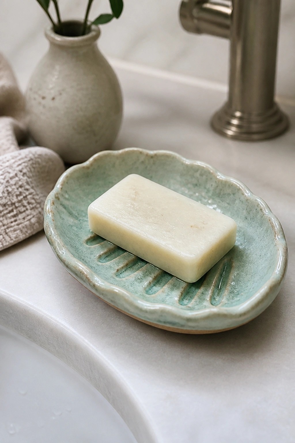 White soap bar on ridged light green scalloped ceramic dish atop white sink