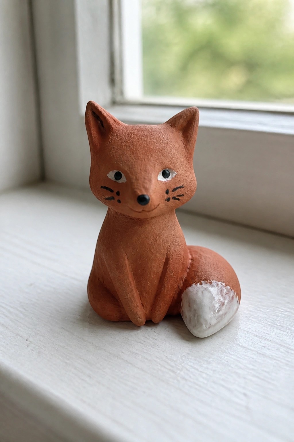 Small handmade terracotta fox figurine with white-tipped tail on windowsill.
