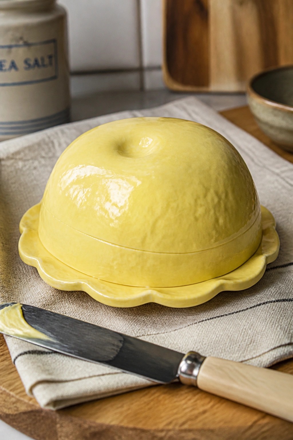 Yellow ceramic butter dish on linen with buttered knife on wood.