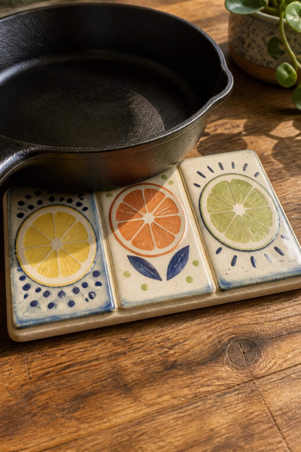 Cast iron skillet resting on citrus-themed ceramic tiles on wood table