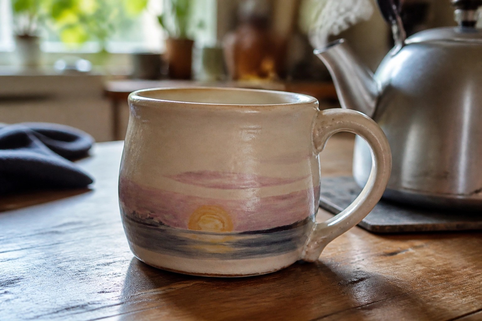 Steaming ceramic mug with sunset mountain design on sunlit wooden table beside kettle