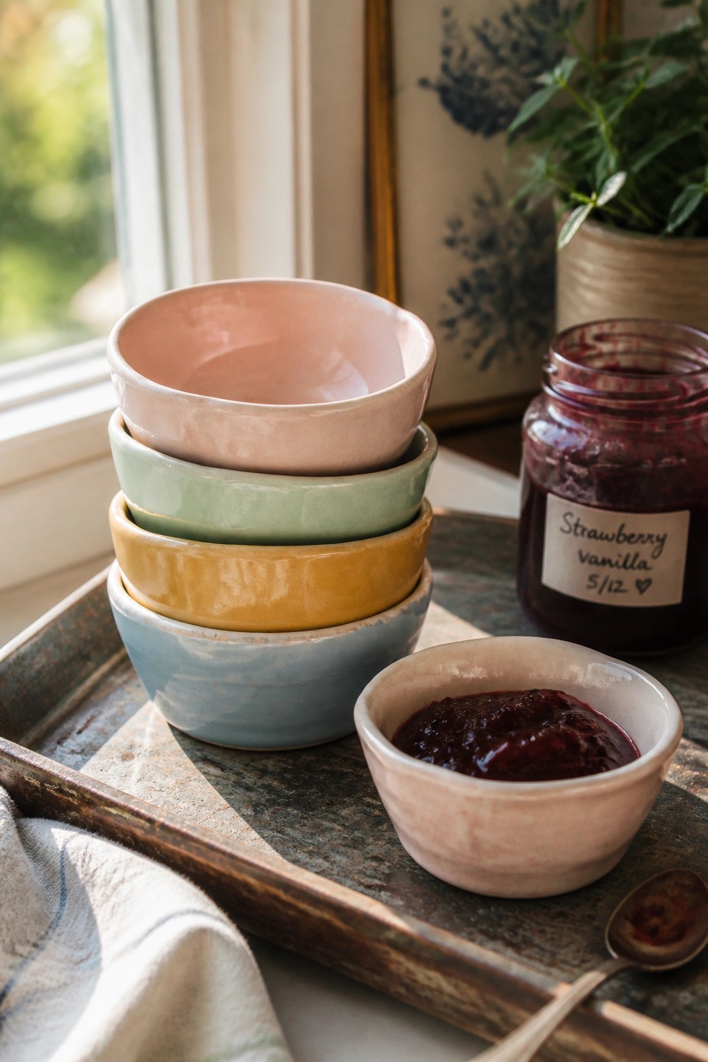 Stacked pastel bowls beside strawberry vanilla jam jar, spoon, and small bowl on tray.