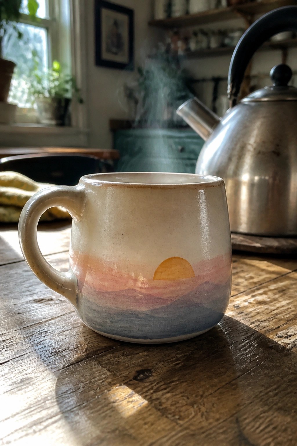 Steaming ceramic mug with sunset mountain design on sunlit wooden table beside kettle