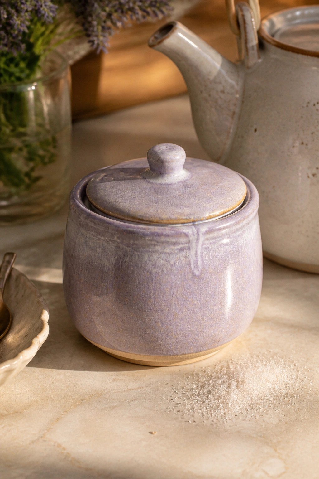 Purple ceramic lidded jar on marble with teapot and lavender flowers