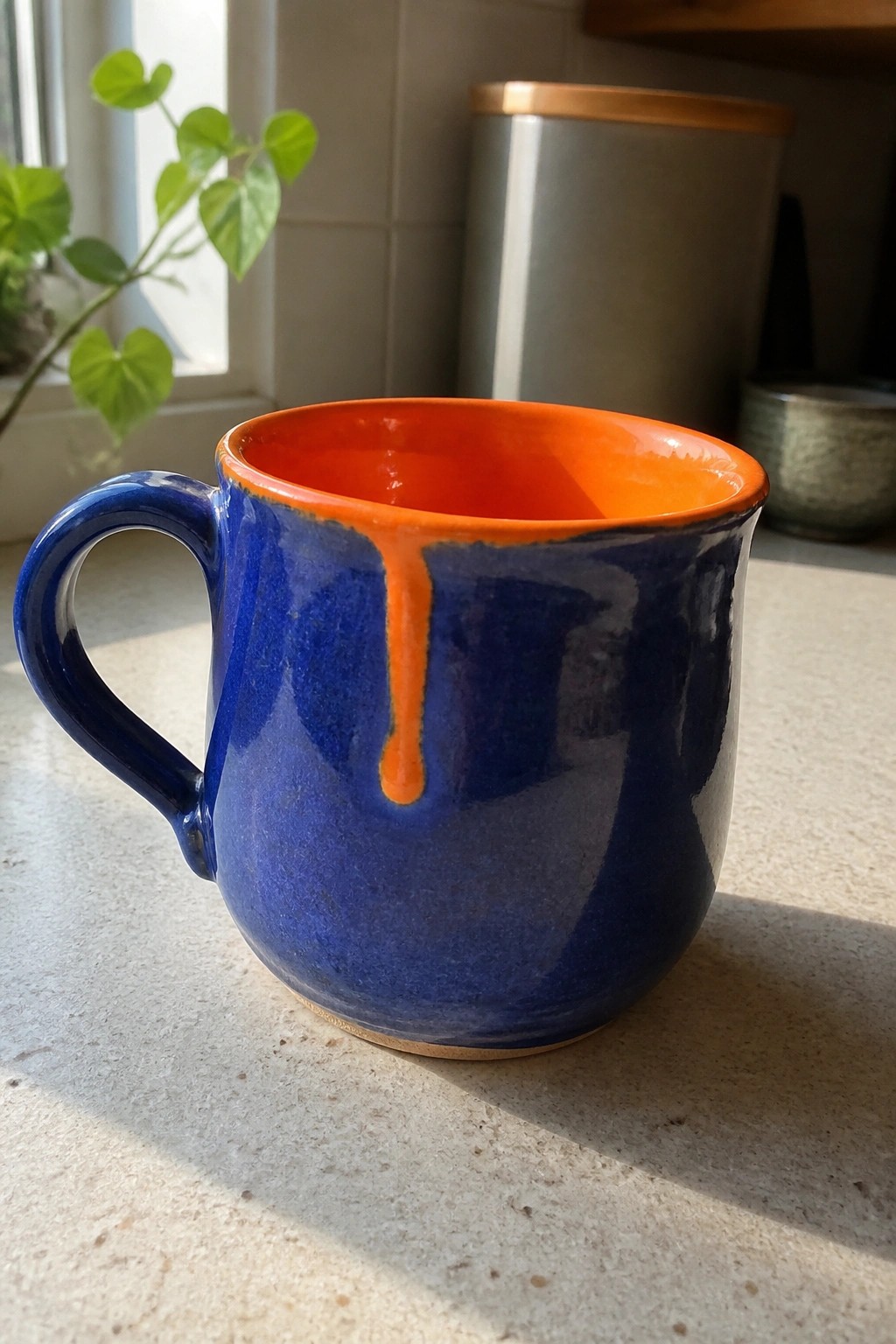 Blue ceramic mug with bright orange interior and dripping glaze on countertop.