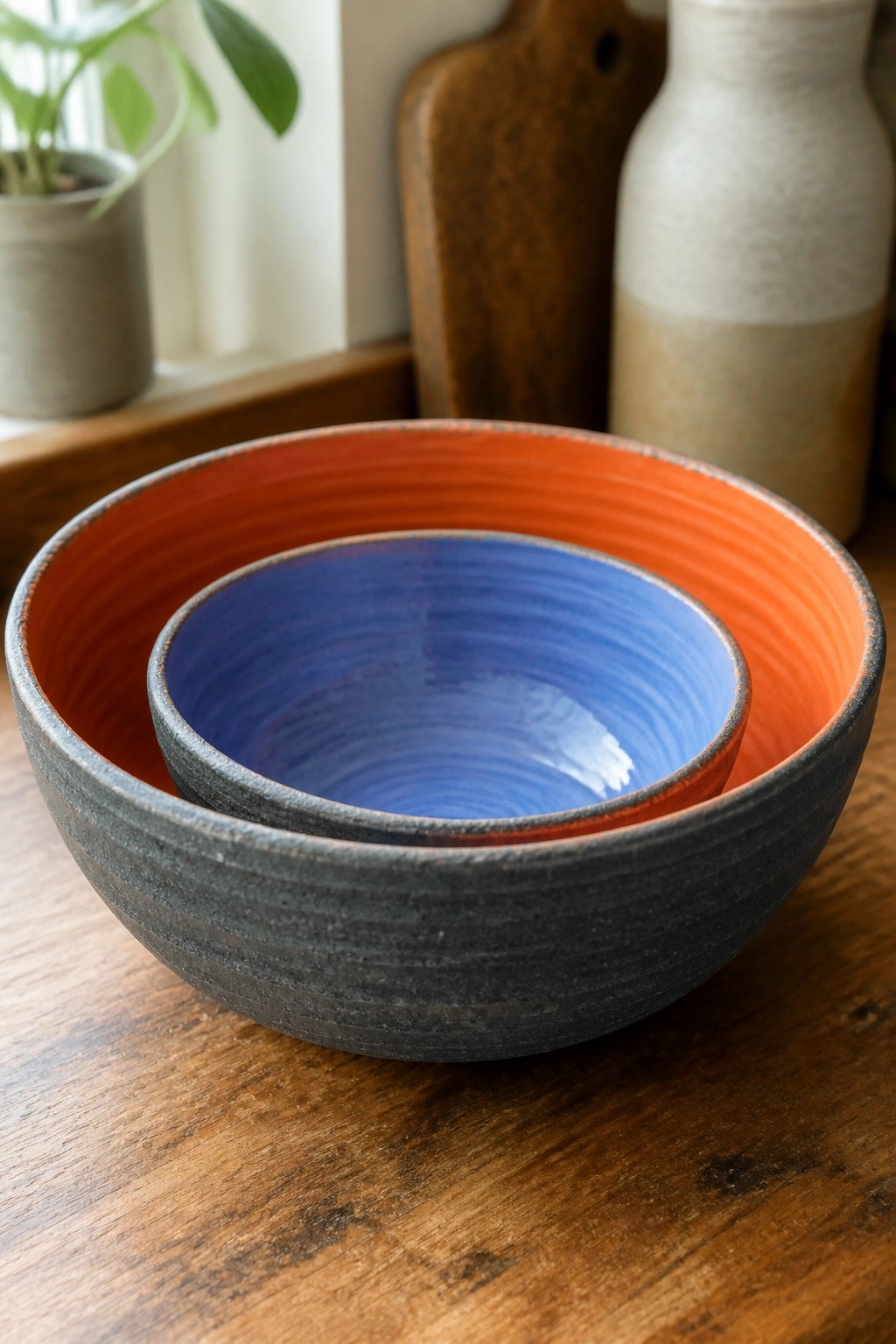Nested blue and orange ceramic bowls on rustic wooden table