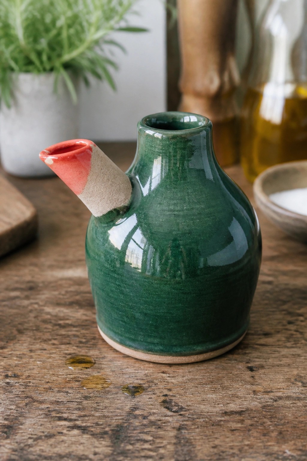 Green ceramic jug with red and beige spout on wooden table