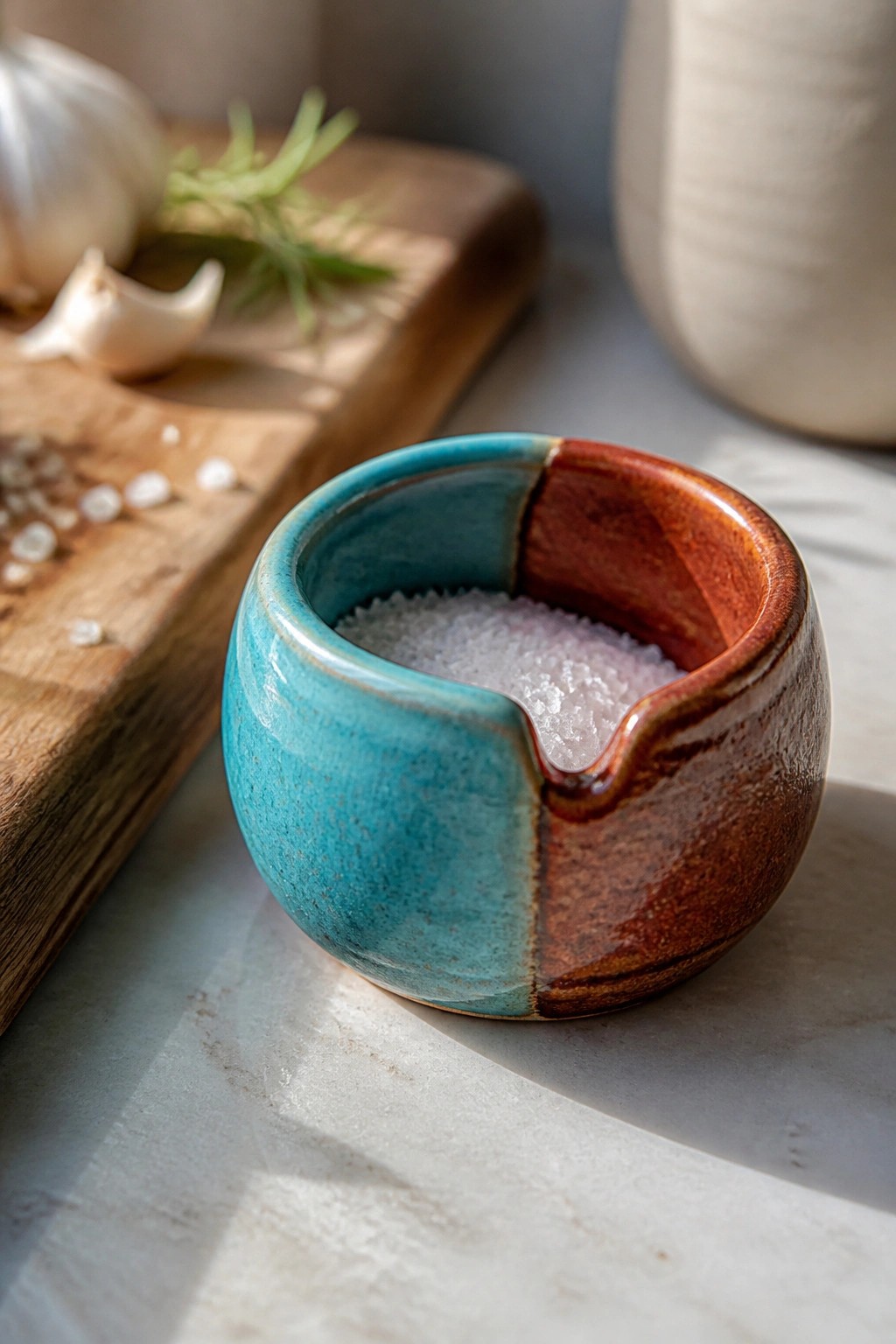 Two-toned turquoise and brown ceramic salt bowl with spout on marble