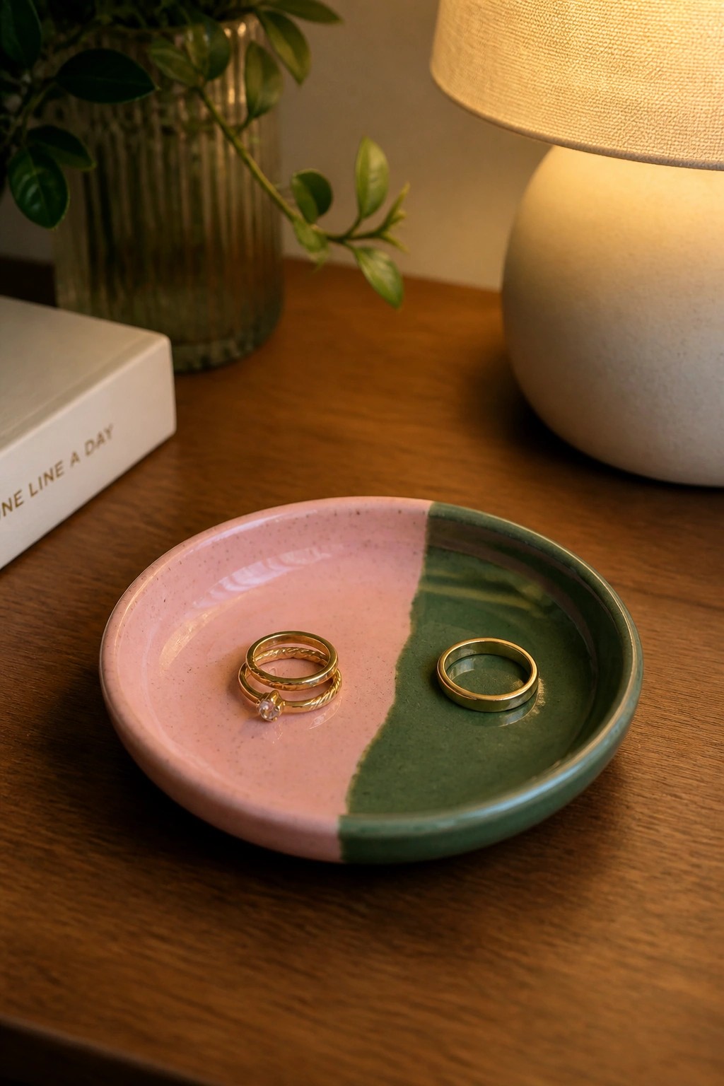 Pink and green ceramic dish holding three gold rings on wooden table.