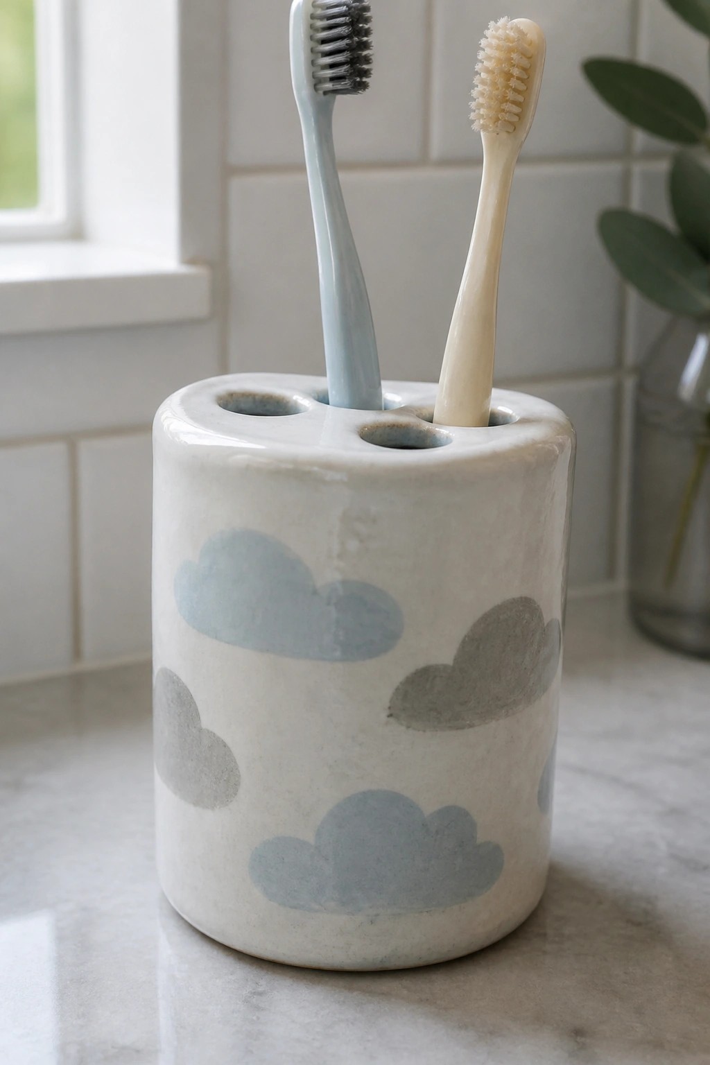 Ceramic holder with blue-gray clouds holding light blue and beige toothbrushes on marble
