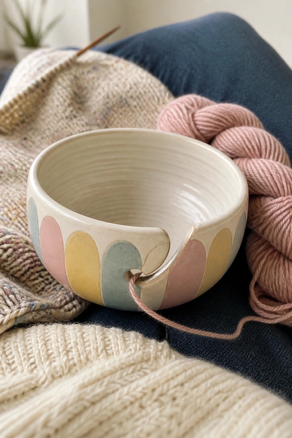 Pastel ceramic yarn bowl with pink skein, knitting needle, and knitted fabrics.