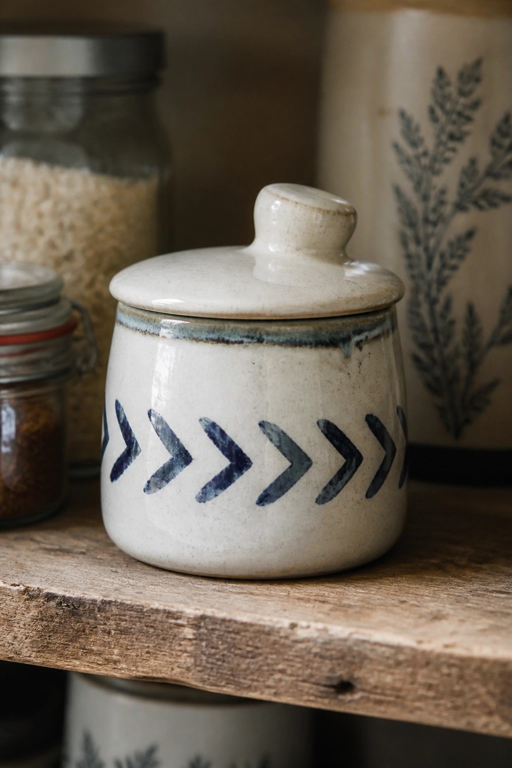 White ceramic lidded jar with blue chevron pattern on rustic wooden shelf