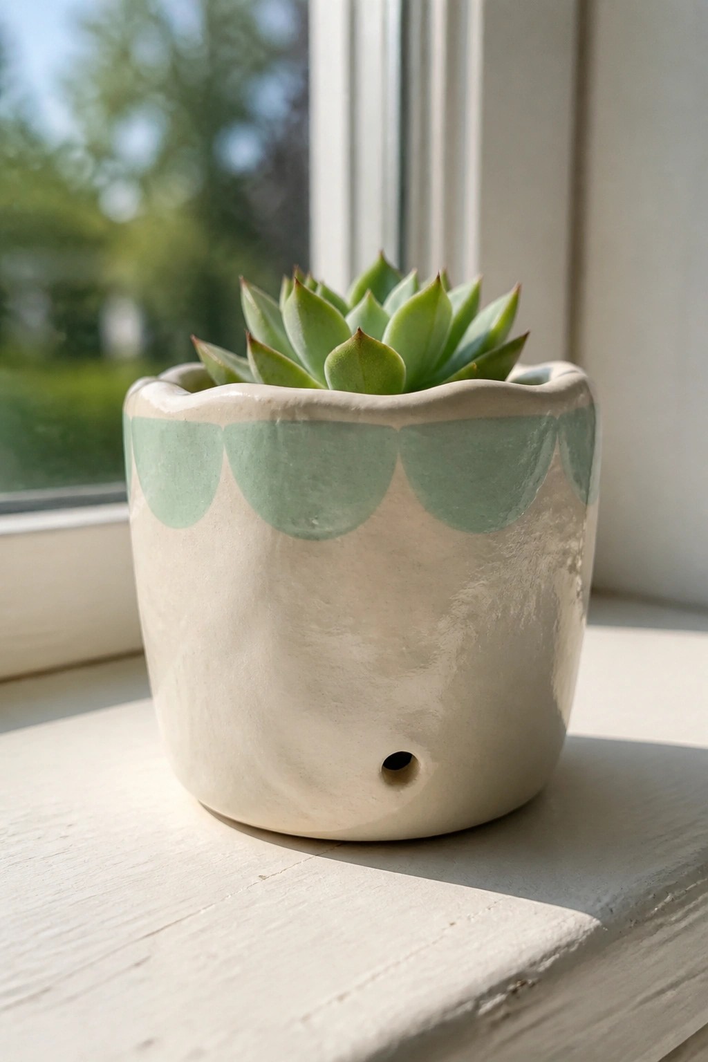 Succulent in off-white pot with light green scalloped rim on sunlit windowsill