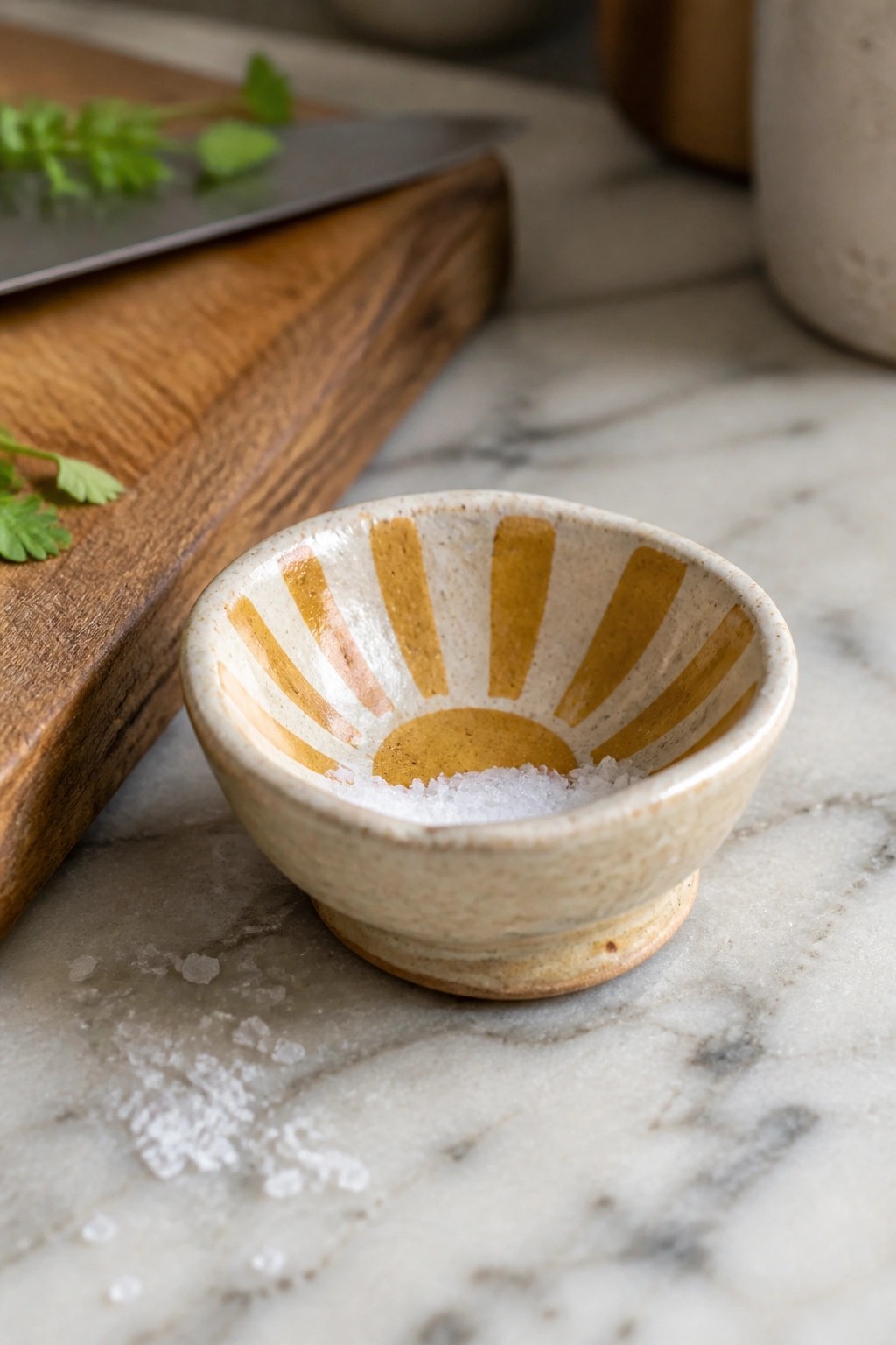 A small handmade ceramic bowl with a yellow and orange sunburst design holds coarse salt on a marble surface.