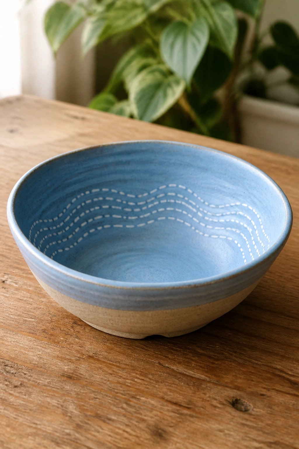 Blue ceramic bowl with white wavy dashed lines on wooden table with plants.