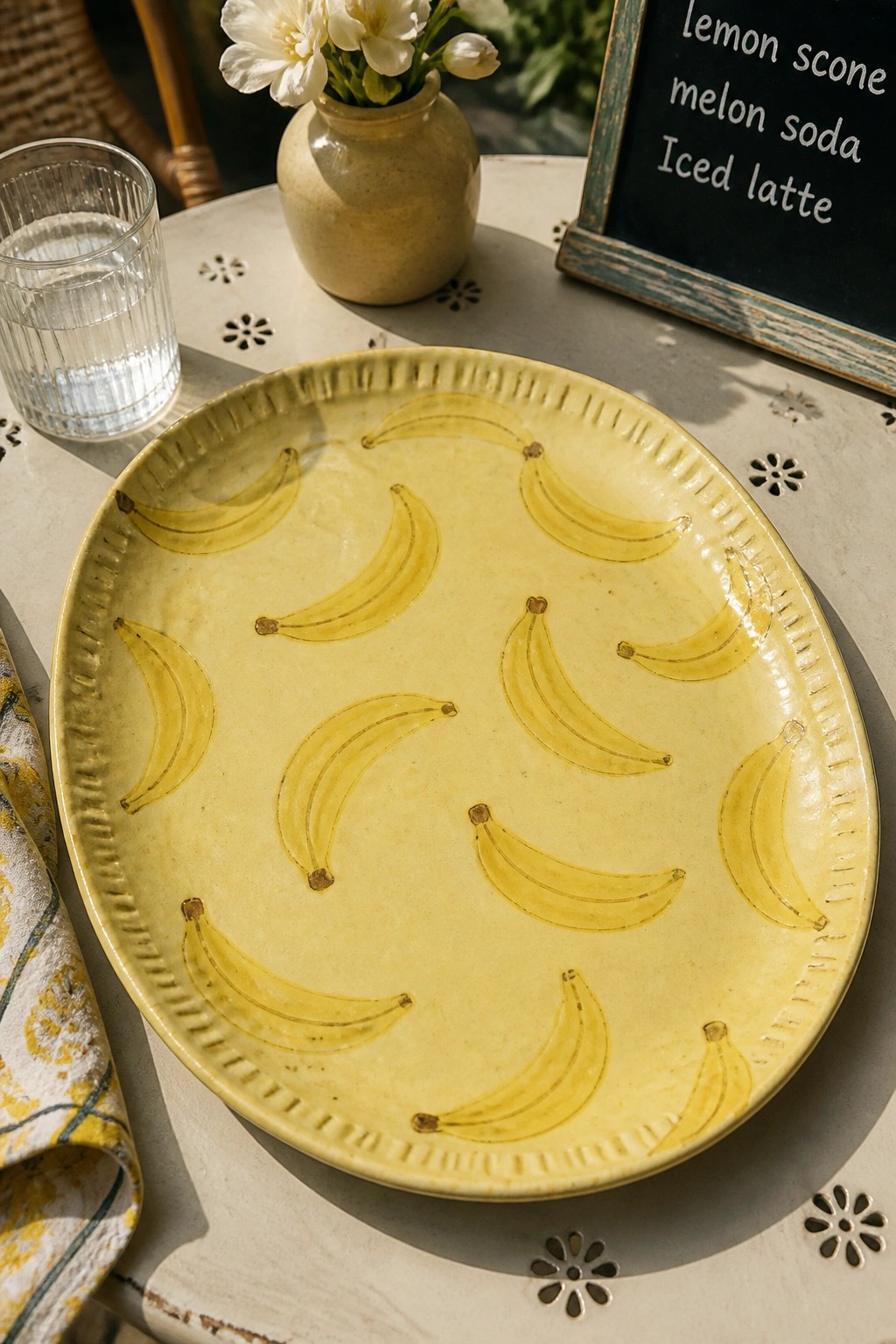 Yellow banana-patterned ceramic plate on sunny table with water glass, flowers, and menu board.