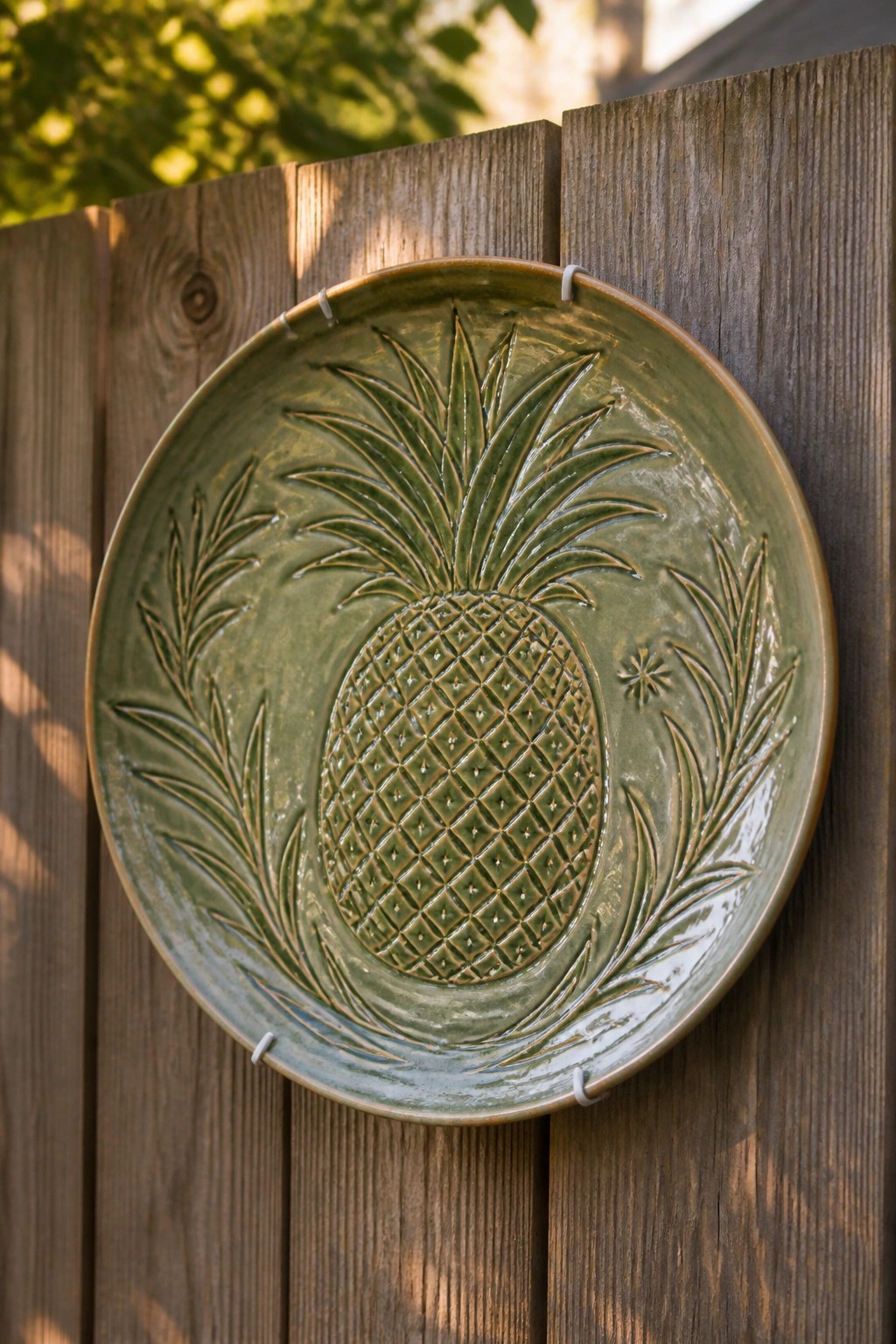 Green ceramic plate with embossed pineapple and leaves on wooden fence