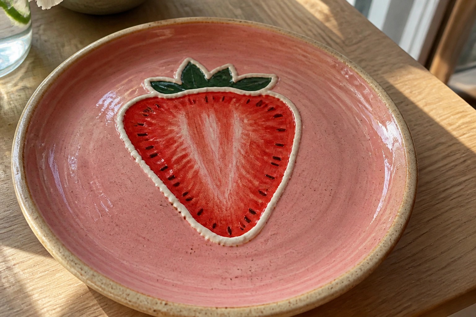 Ceramic plate with red strawberry design on wooden table near lemons and vase