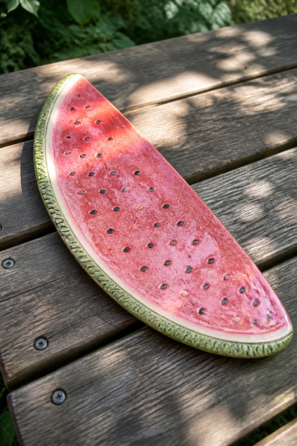 Ceramic watermelon slice plate on weathered wooden table with sunlight shadows