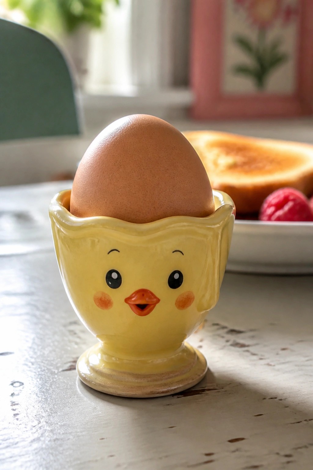 Yellow chick egg cup holding brown egg on wooden table with toast nearby