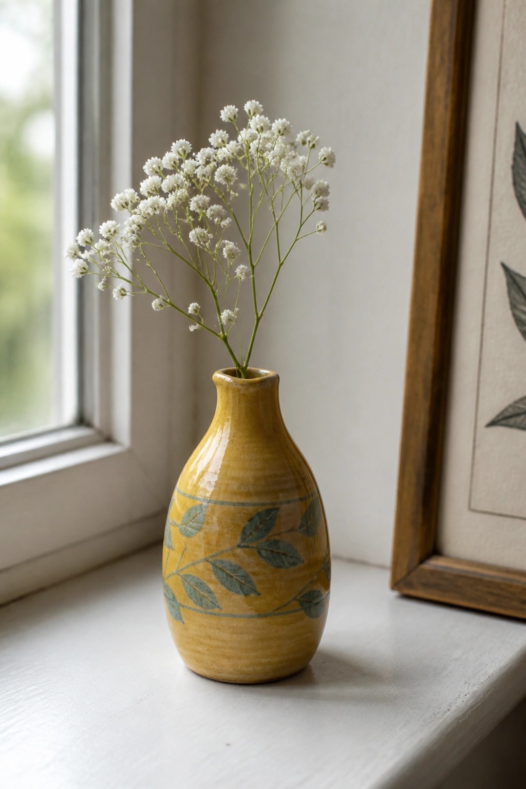 Yellow vase with green leaf pattern holding white flowers on windowsill