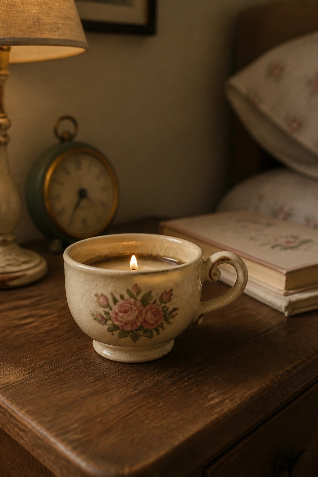 Lit candle in rose-patterned teacup on wooden bedside table near clock and book