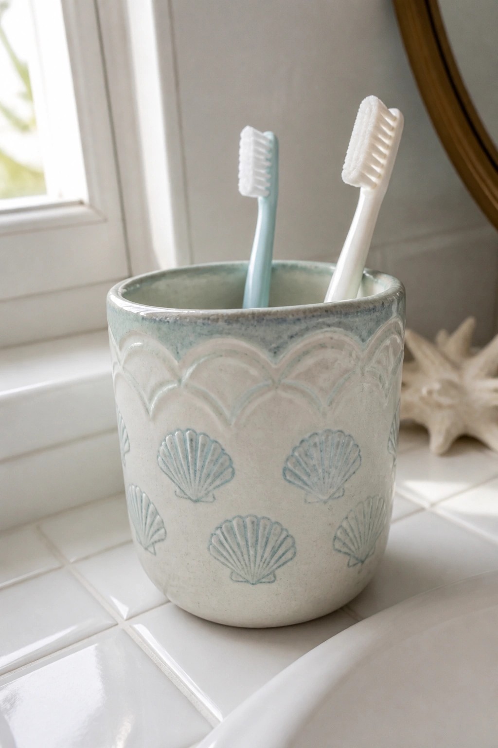 Two toothbrushes in seashell-patterned ceramic holder on white tiled bathroom sink