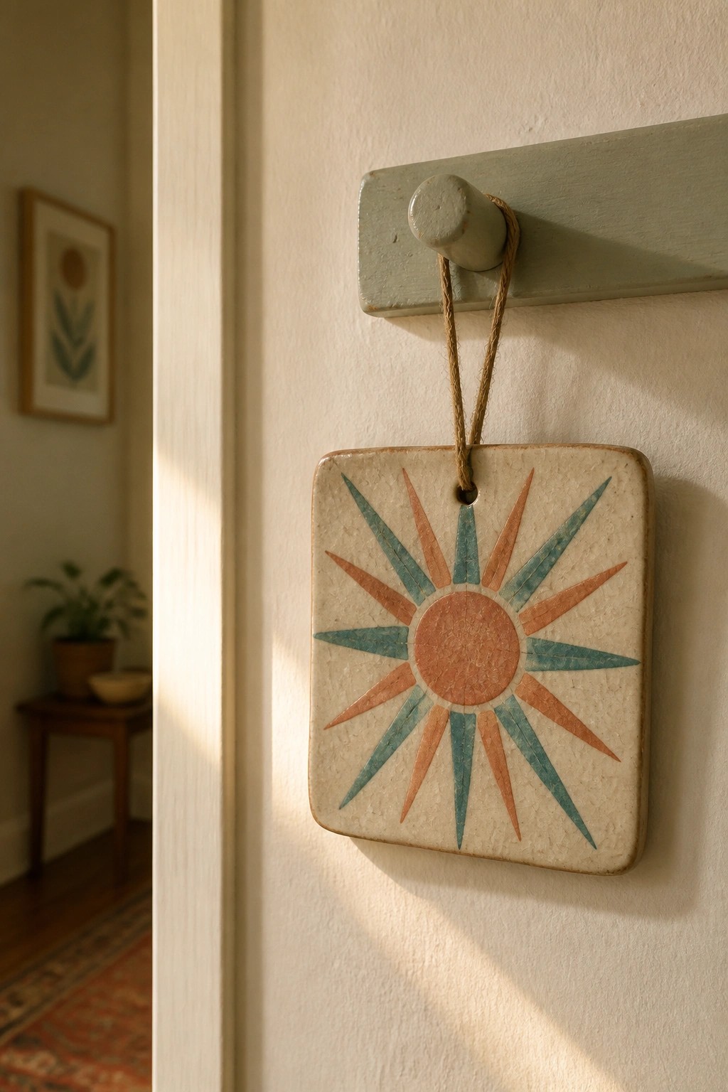 Sunburst ceramic tile in coral and teal hanging from wooden peg by twine